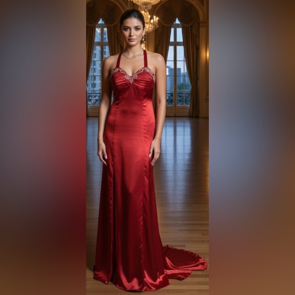 NOX NARIANNA Maroon Red Halter Rhinestone Prom Wedding Bridesmaid Formal Dress M - Picture 1 of 9